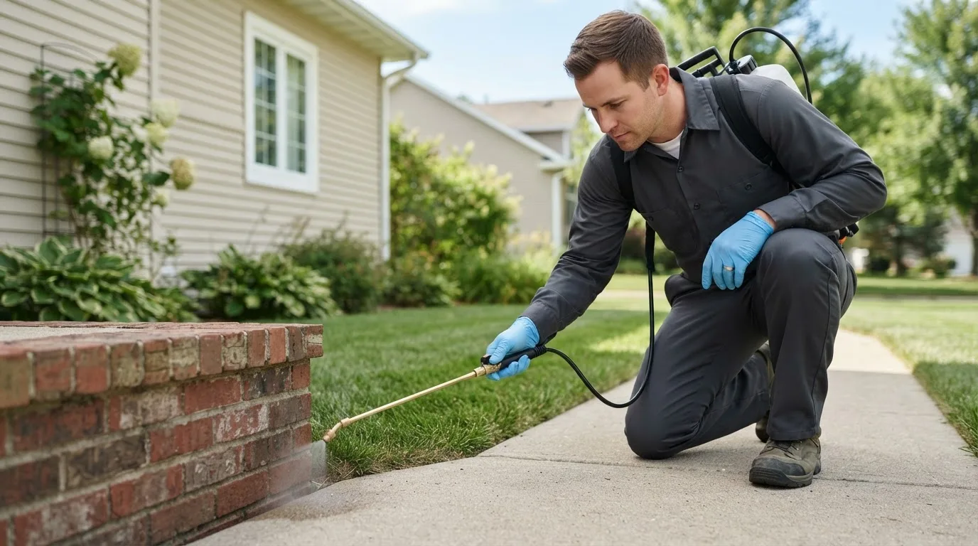 Pest control technician treating a home near Plymouth, NY
