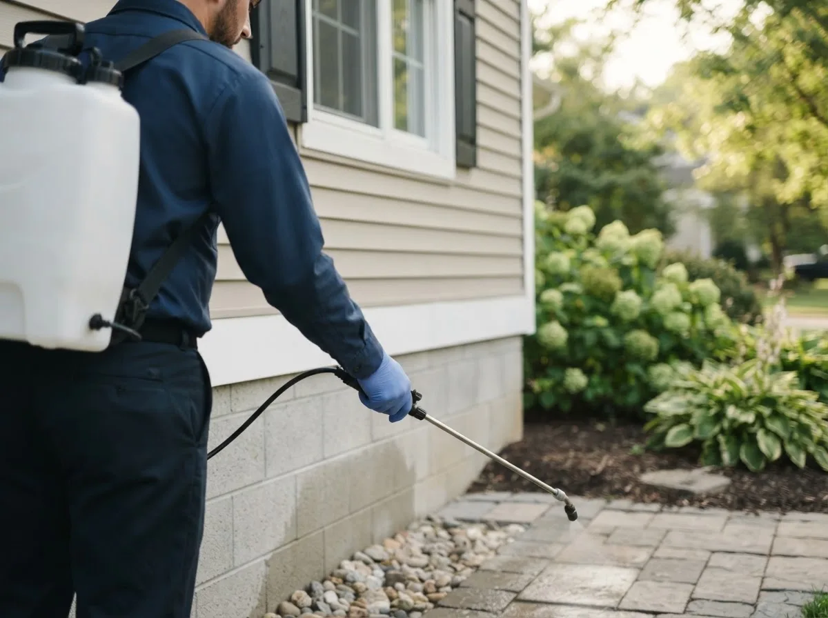Pest control technician inspecting a home in Plymouth, NY
